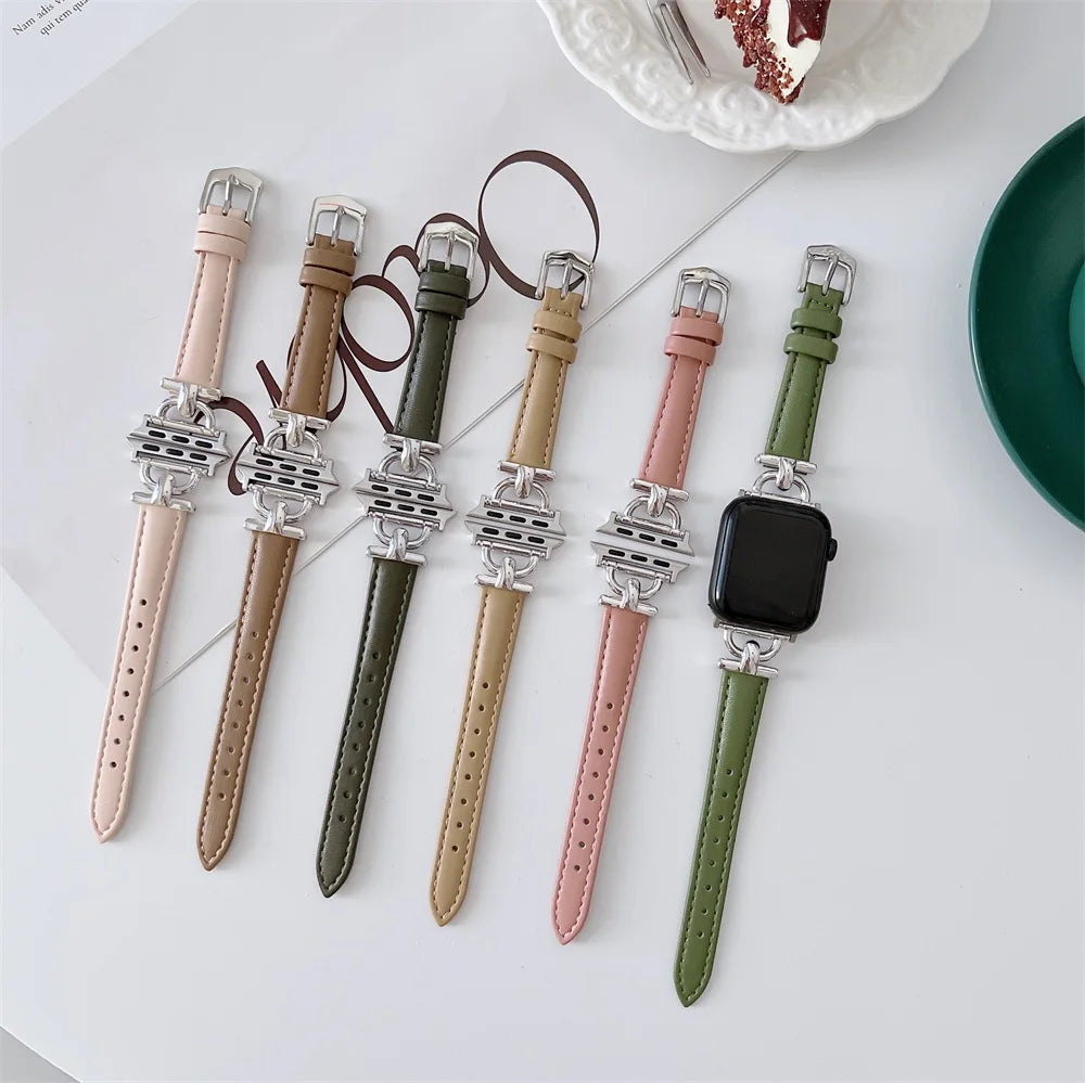 Slim leather Apple Watch bands with silver-finish decorative connectors displayed together