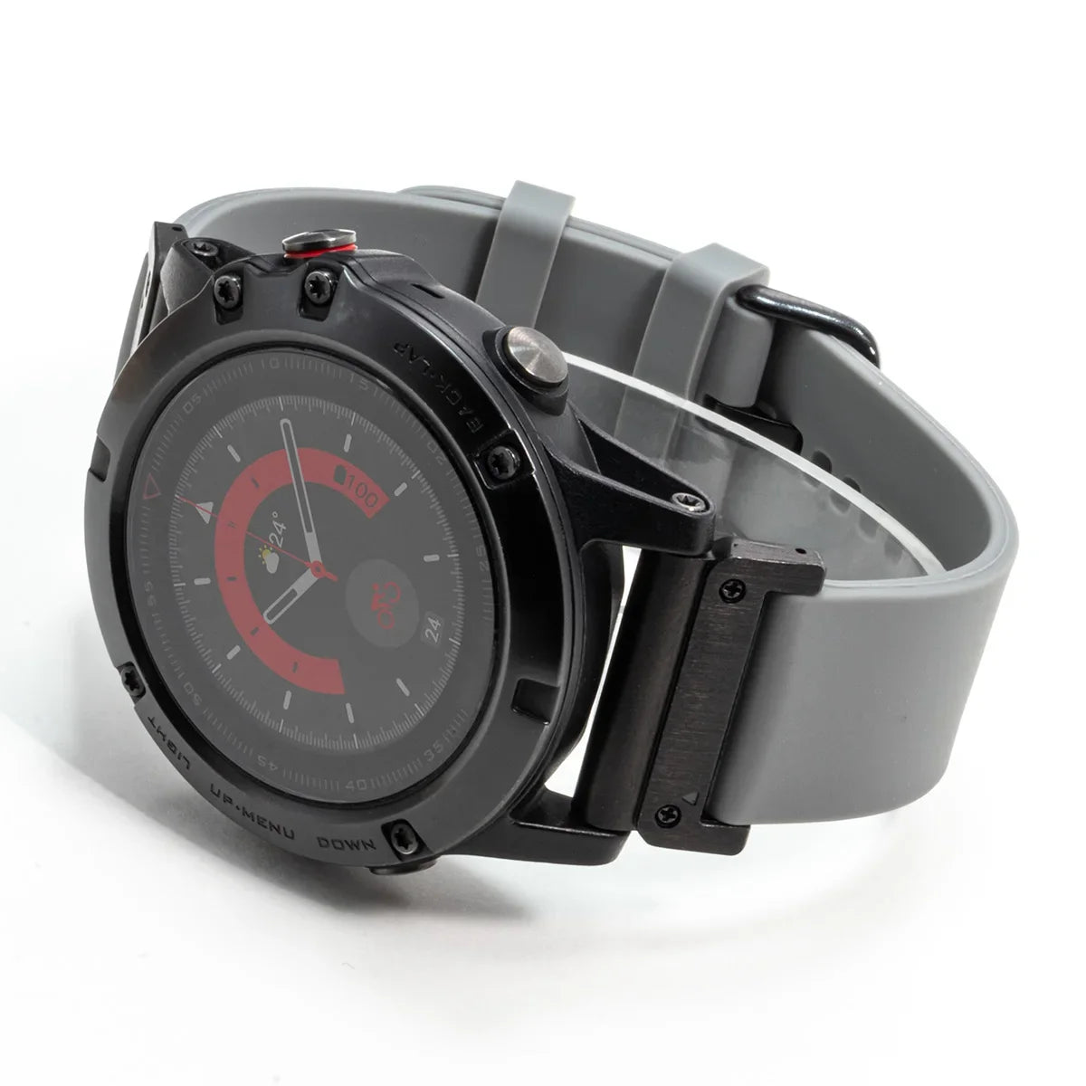 Garmin QuickFit Smooth Silicone Buckle Band gray strap shown from the underside of a watch
