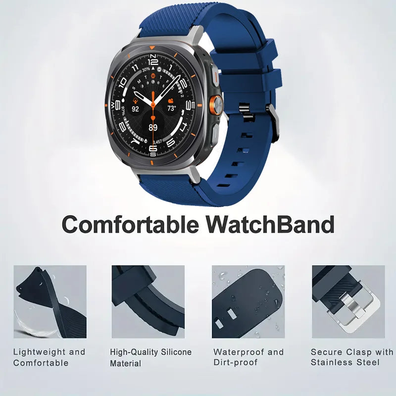 Samsung Galaxy Silicone Sport Watch Band - 20mm/Ultra+Ultra2 on a black and blue smartwatch with comfortable watch band features.