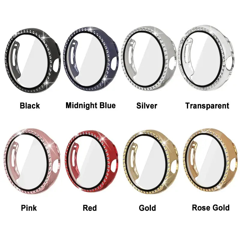 Various colors of bedazzled cases for Google Pixel Watches: Black, Midnight Blue, Silver, Transparent, Pink, Red, Gold, Rose Gold.