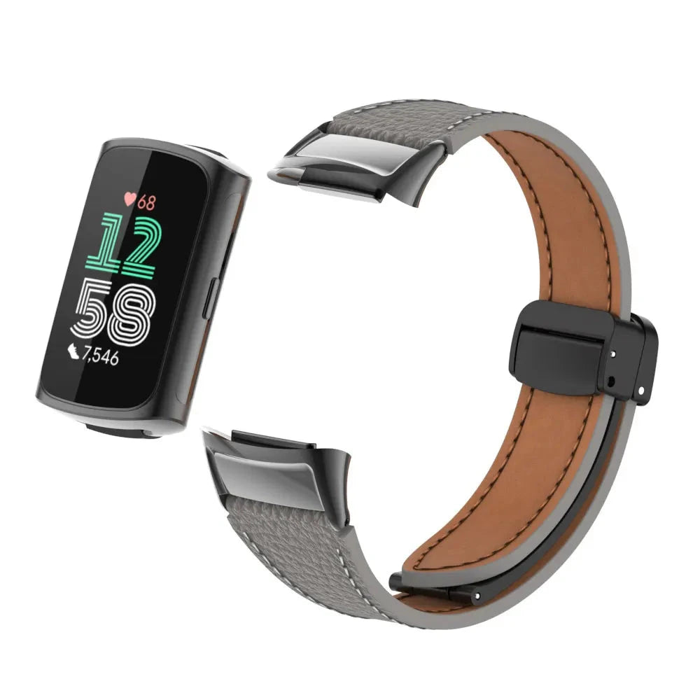Gray Fitbit Charge 5 and 6 Leather Band with Magnetic Folding Clasp