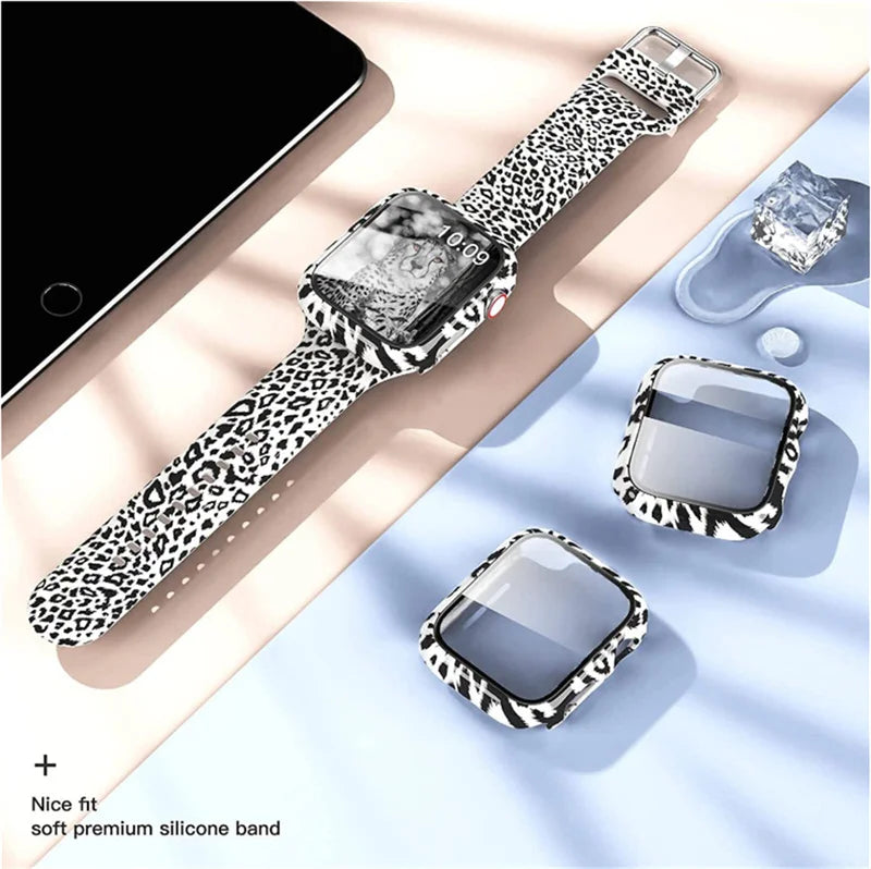 Black-and-white leopard band and case on a tabletop for Apple Watch