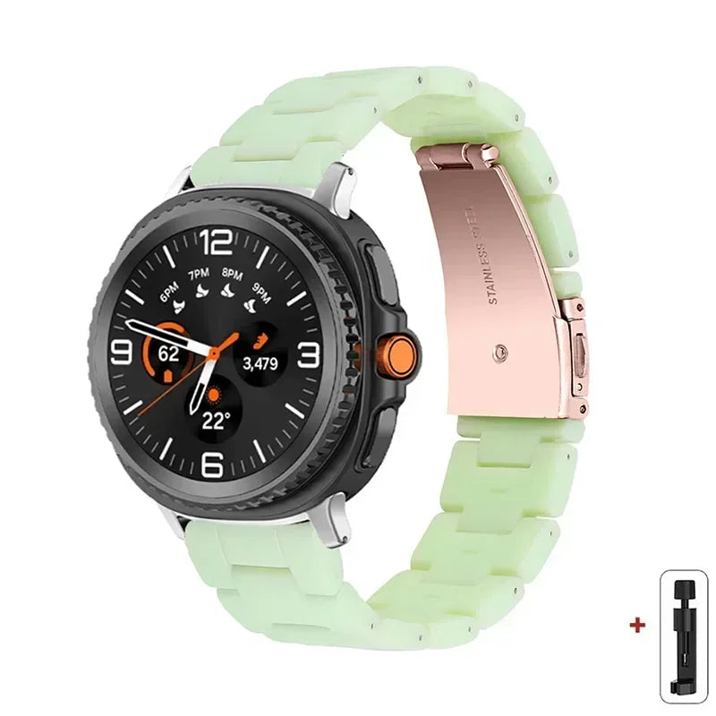 Samsung Galaxy Resin Link Watch Band - Tortoise Women Watch8/Watch8 Classic/Watch9 Ultra/Ultra2 in avocado green color.