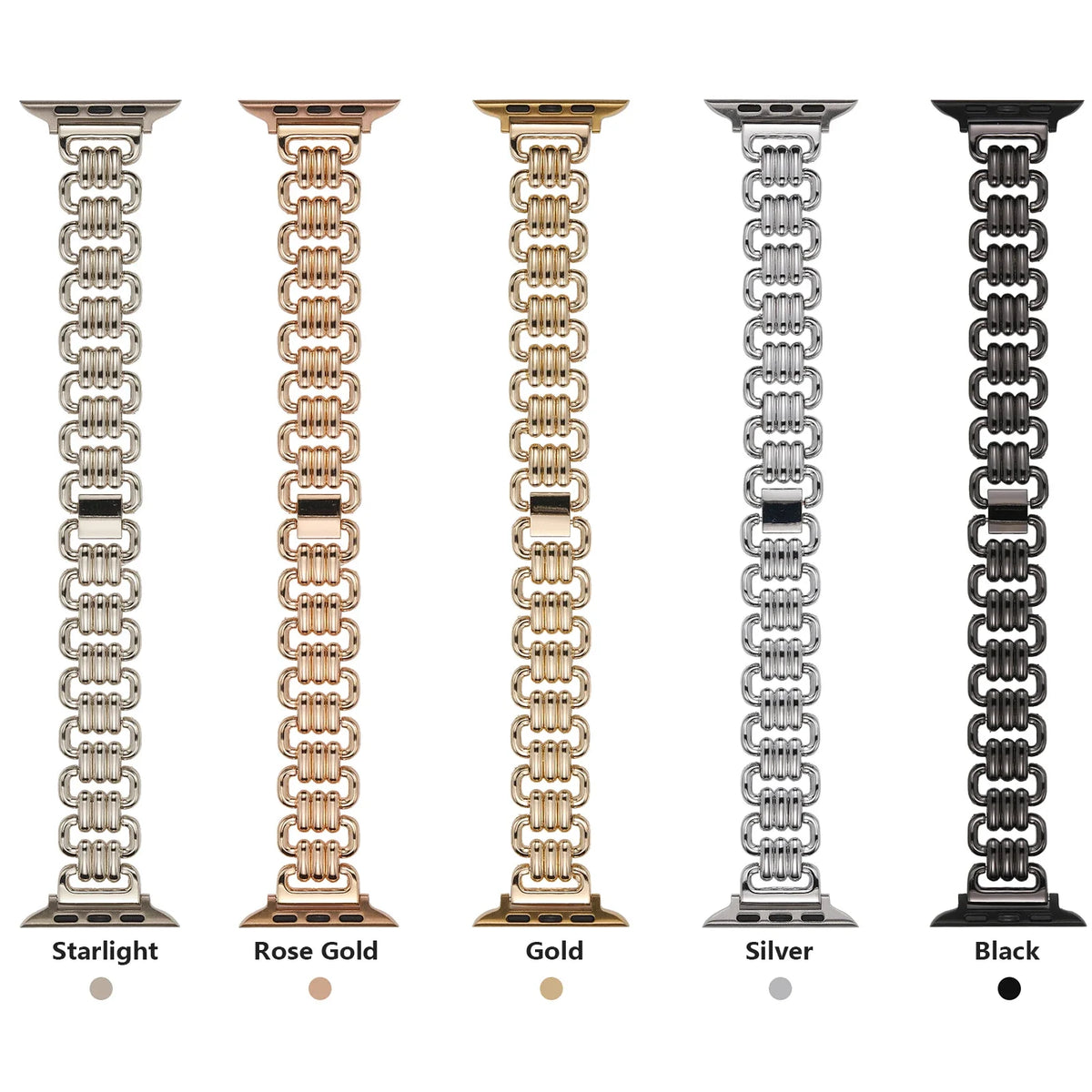Five triple-ring bracelet finishes displayed flat for Apple Watch
