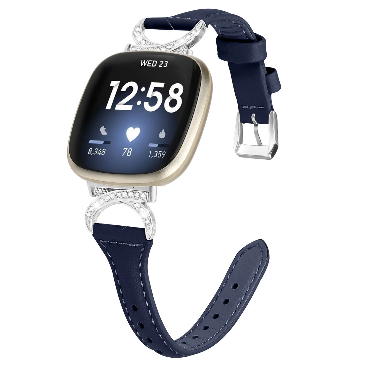 Navy Blue Fitbit Versa 4, Versa 3, Sense 2 and Sense Sparkly D-Link Leather Band