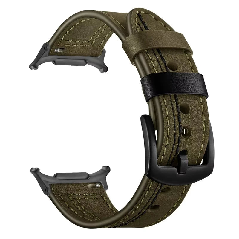 Samsung Galaxy Leather Watch Band No Gap Replacement For Ultra/Ultra2 in green with contrasting stitching and seamless lugs.
