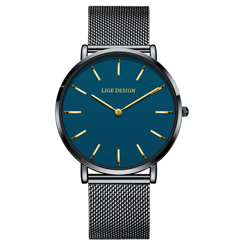 Women's Minimalist Quartz Watch with Stainless Steel Mesh Band — Black / Blue Dial