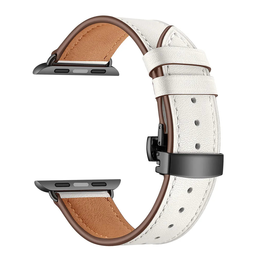 Contrast-Stitched Leather Apple Watch Band with Folding Clasp in Black / White
