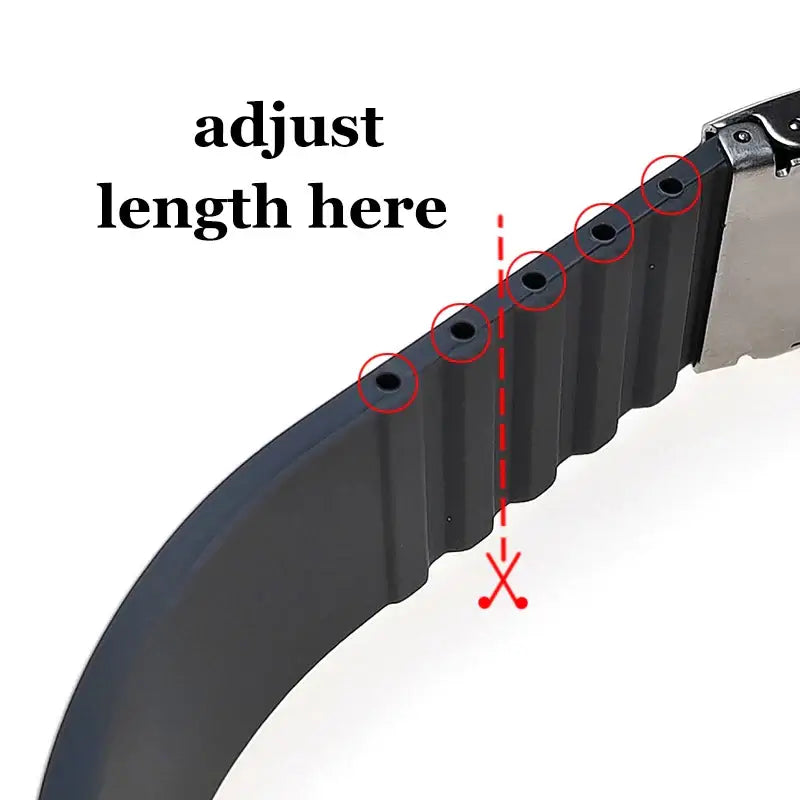 Trim-to-fit silicone strap adjustment illustration