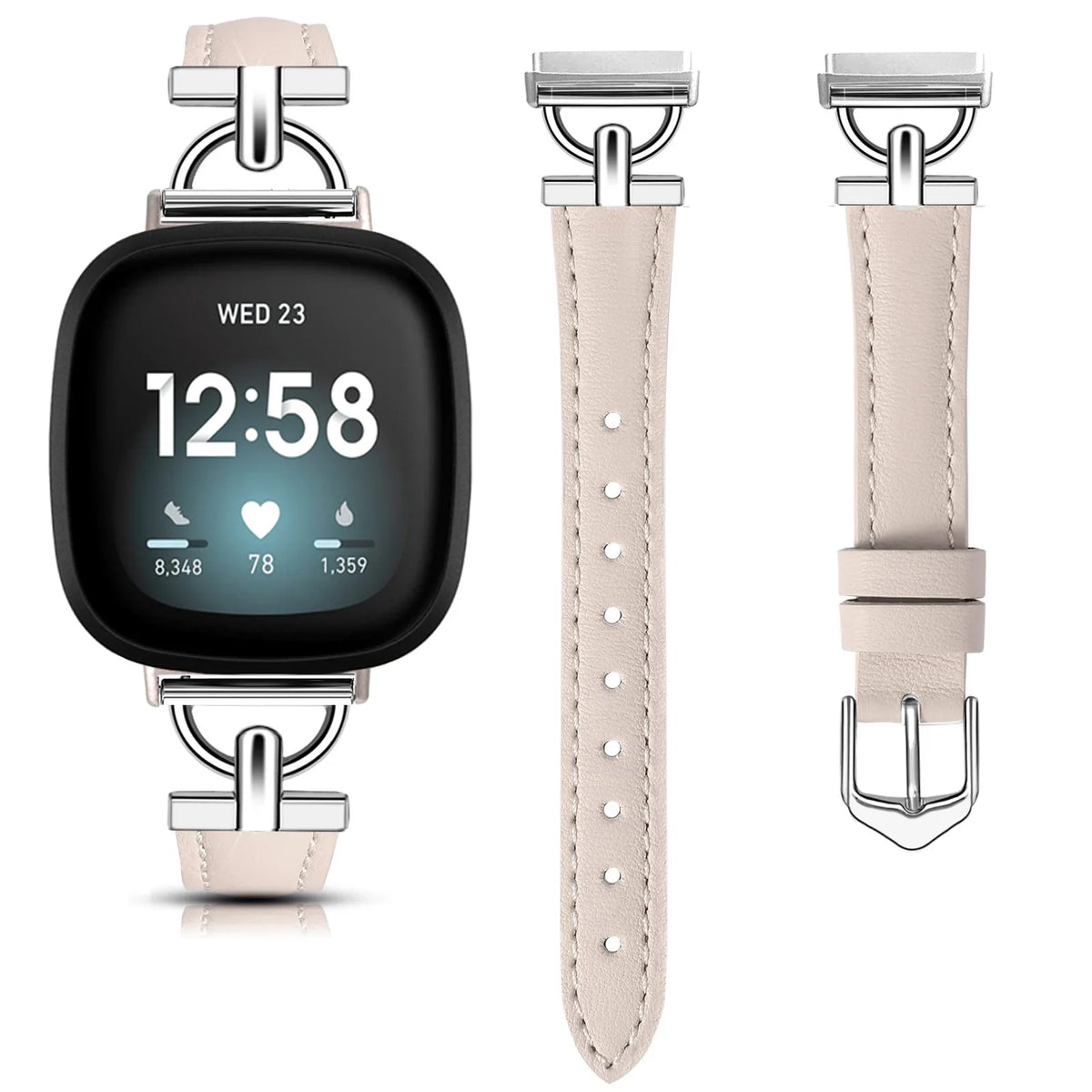 Beige Fitbit Versa 4, Versa 3, Sense 2 and Sense Slim Leather Band, D-Link