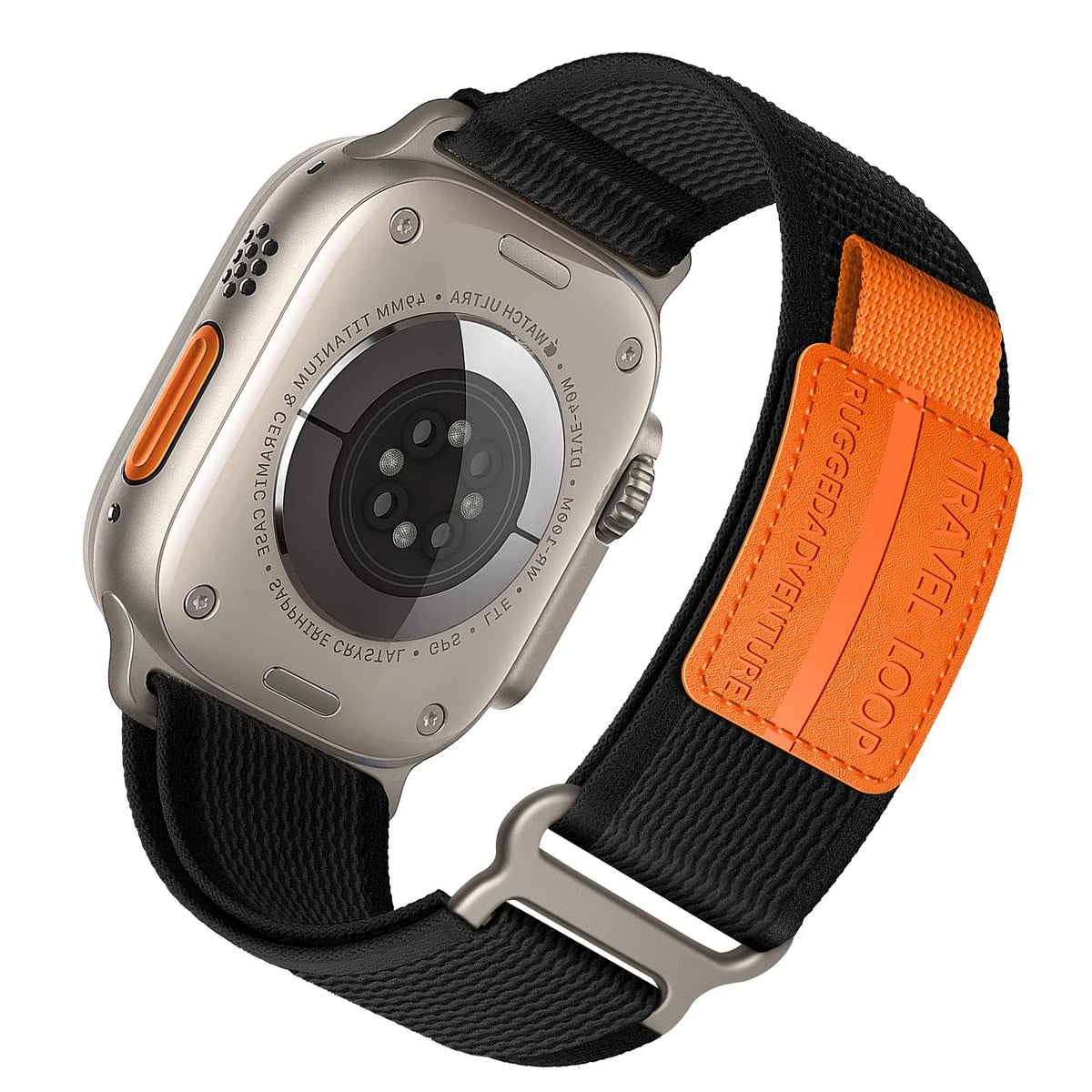 Nylon Trail-Style Apple Watch Loop with Decorative Patch in Black / Orange - Embossed