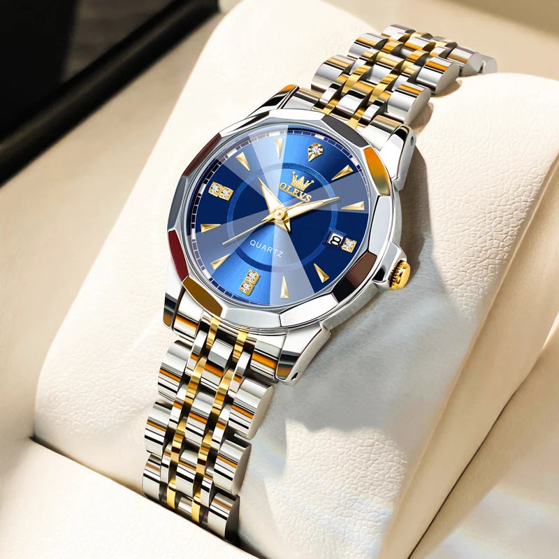 Women's Faceted Dial Quartz Bracelet Watch — Two-tone blue dial watch close-up — BandsCo Straps