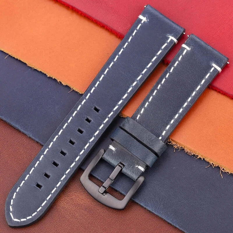 Samsung Galaxy Watch Contrast-Stitch Buckle Leather Band in Navy Blue / Black Buckle