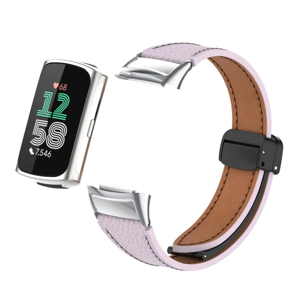 Light Purple Fitbit Charge 5 and 6 Leather Band with Magnetic Folding Clasp