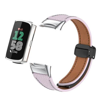 Light Purple Fitbit Charge 5 and 6 Leather Band with Magnetic Folding Clasp