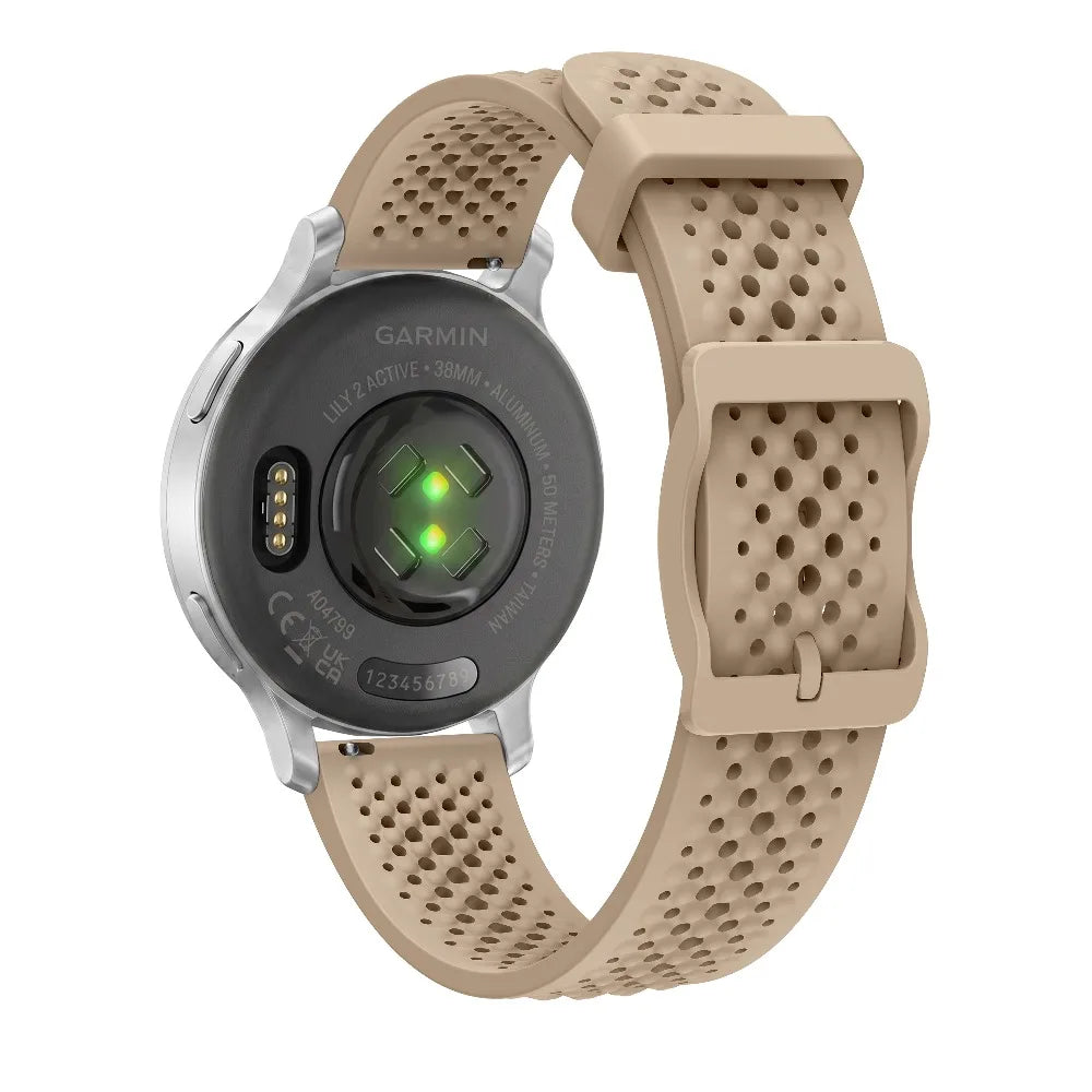 Garmin Lily 2 Perforated Silicone Band in milk tea on a watch