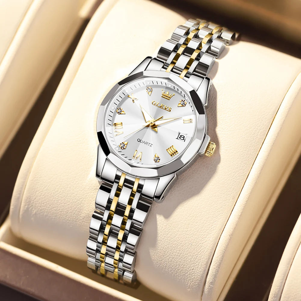 Women's Faceted Bezel Quartz Bracelet Watch — Two Tone / White Dial — BandsCo Straps
