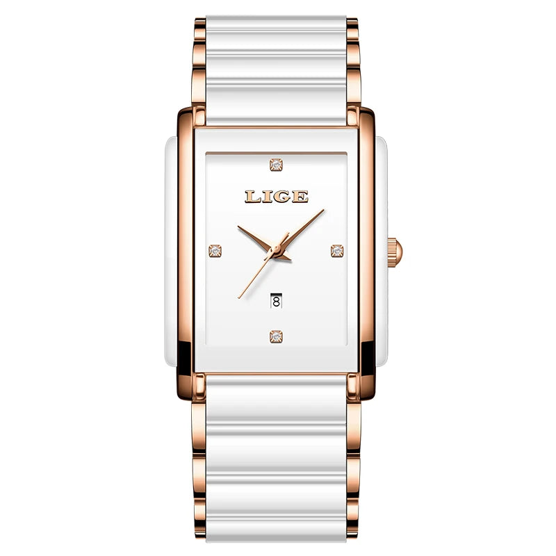 Women's Rectangular Ceramic Quartz Date Watch — White / Rose Gold-Tone Accents