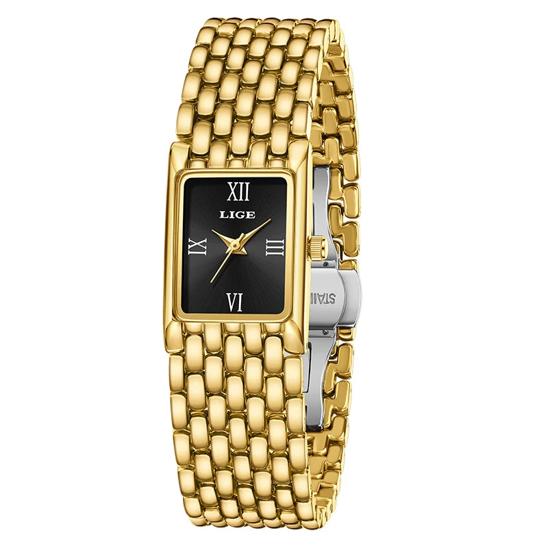 Women's Rectangular Roman Dial Bracelet Watch — Gold Tone / Black Dial — BandsCo Straps