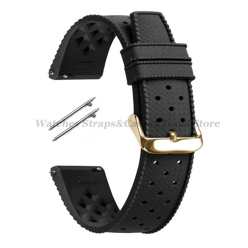 Garmin 18/20/22mm Quick Release Tropic-Style Silicone Band in Black with Gold Buckle