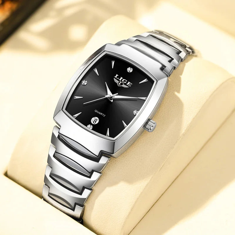 Women's Sculpted Bracelet Tonneau Quartz Watch — Silver Tone / Black Dial — BandsCo Straps