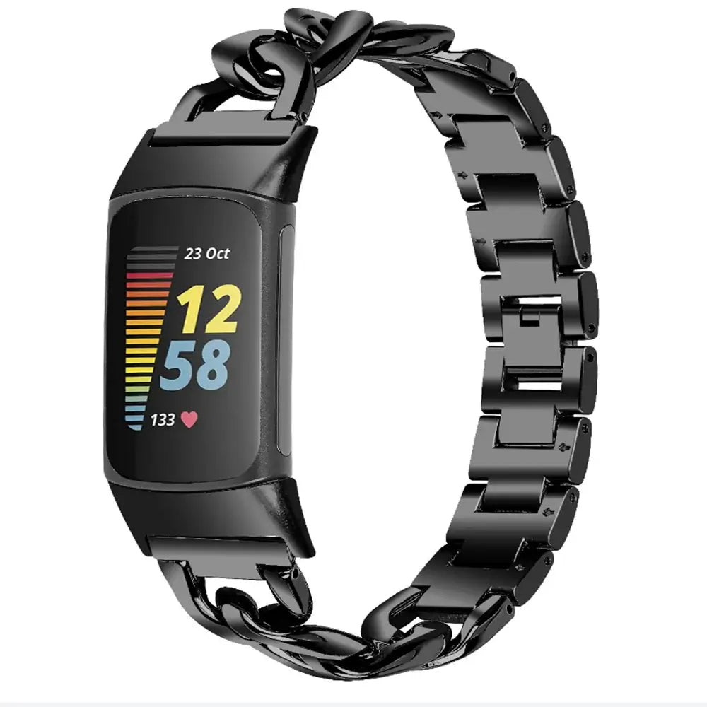 Fitbit Charge 5 & 6 Curb-Chain Steel Band black chain-accent bracelet shown on a tracker