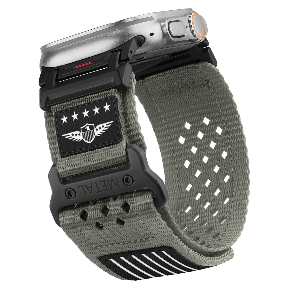 Perforated Nylon Apple Watch Sport Band with Decorative Patches in Gray - Black Patch