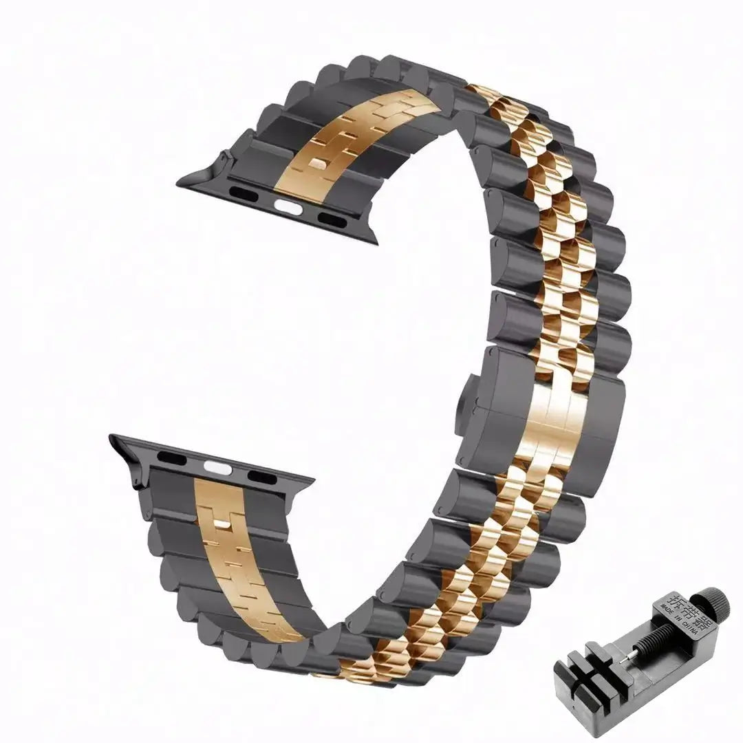 Gold five-row stainless steel Apple Watch band with adjustment tool