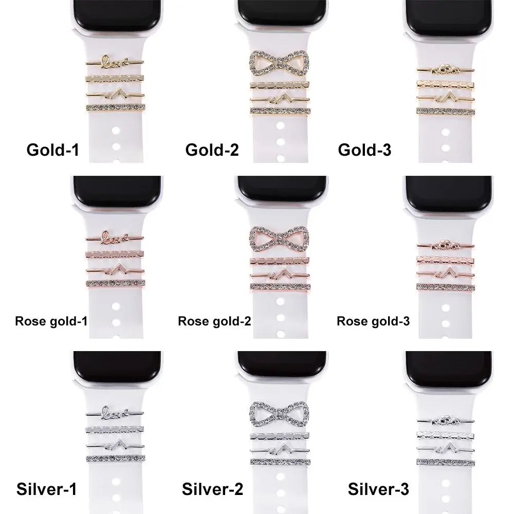Decorative metal charms for Apple Watch bands in gold, rose gold, and silver styles on smartwatch.