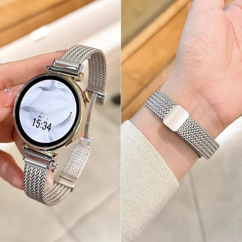Garmin Slim Magnetic Metal Mesh Band in silver on a watch