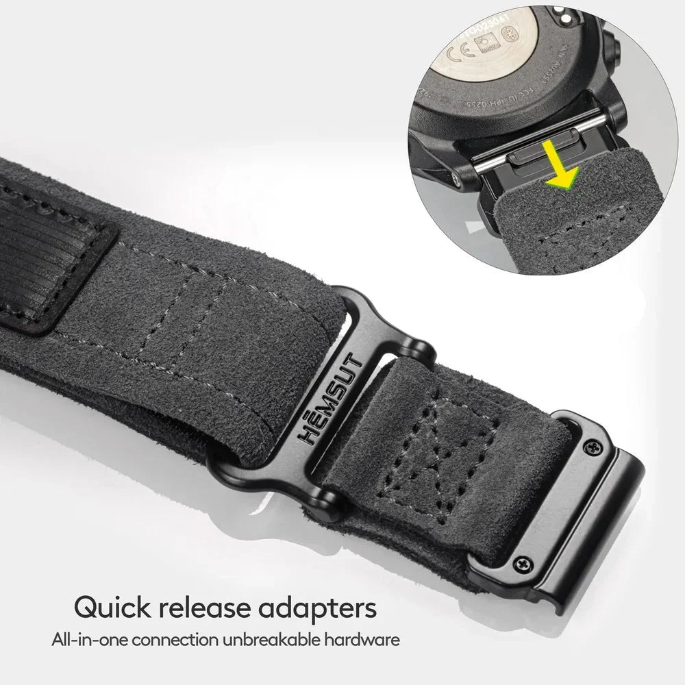 Garmin QuickFit Leather Hook-and-Loop Band leather strap, metal keeper and connector detail