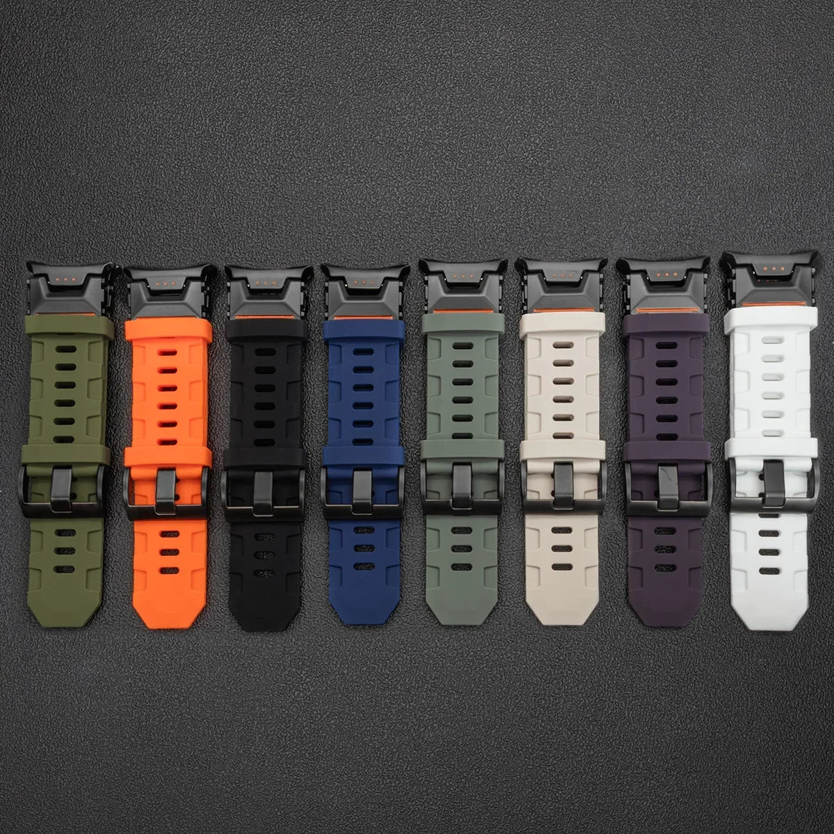 Samsung Galaxy Silicone Sport Watch Band - Ultra/Ultra2 No Gaps in various colors displayed on black background.