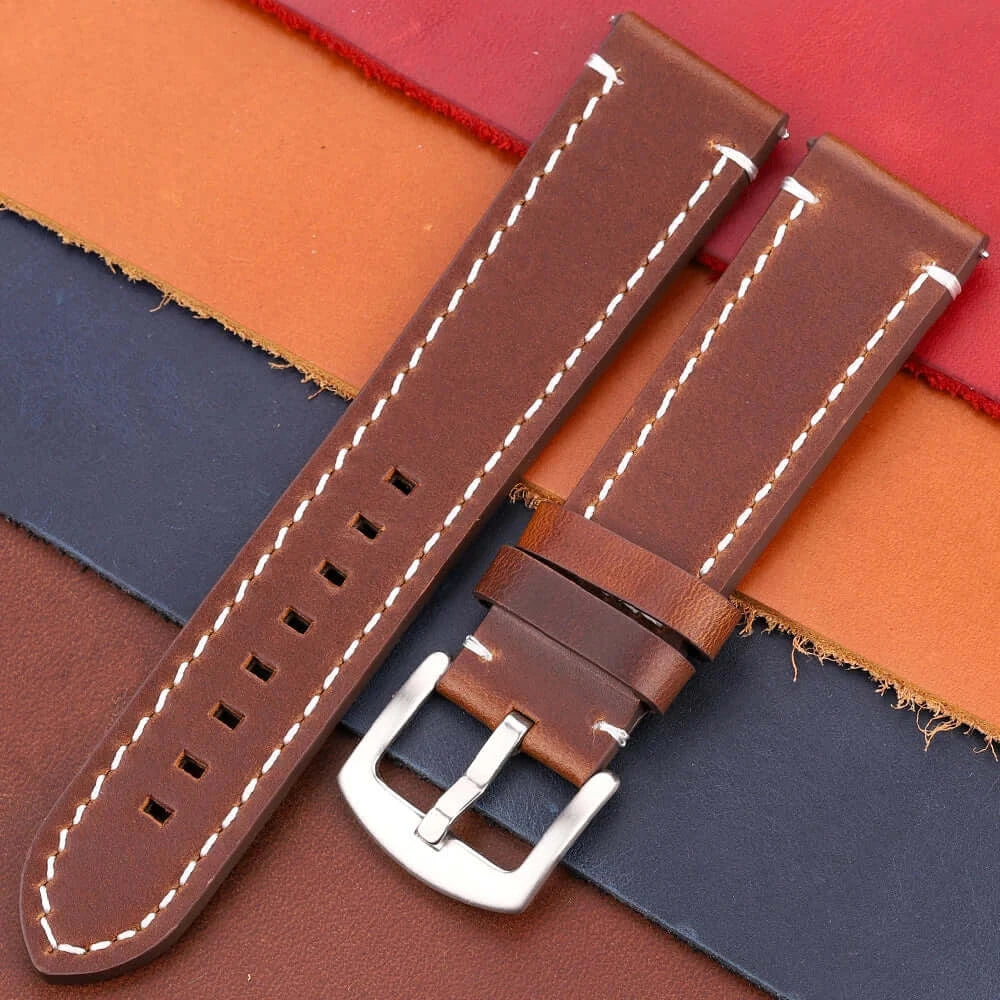 TicWatch Contrast-Stitched Leather Buckle Band - Dark Brown / Silver Buckle