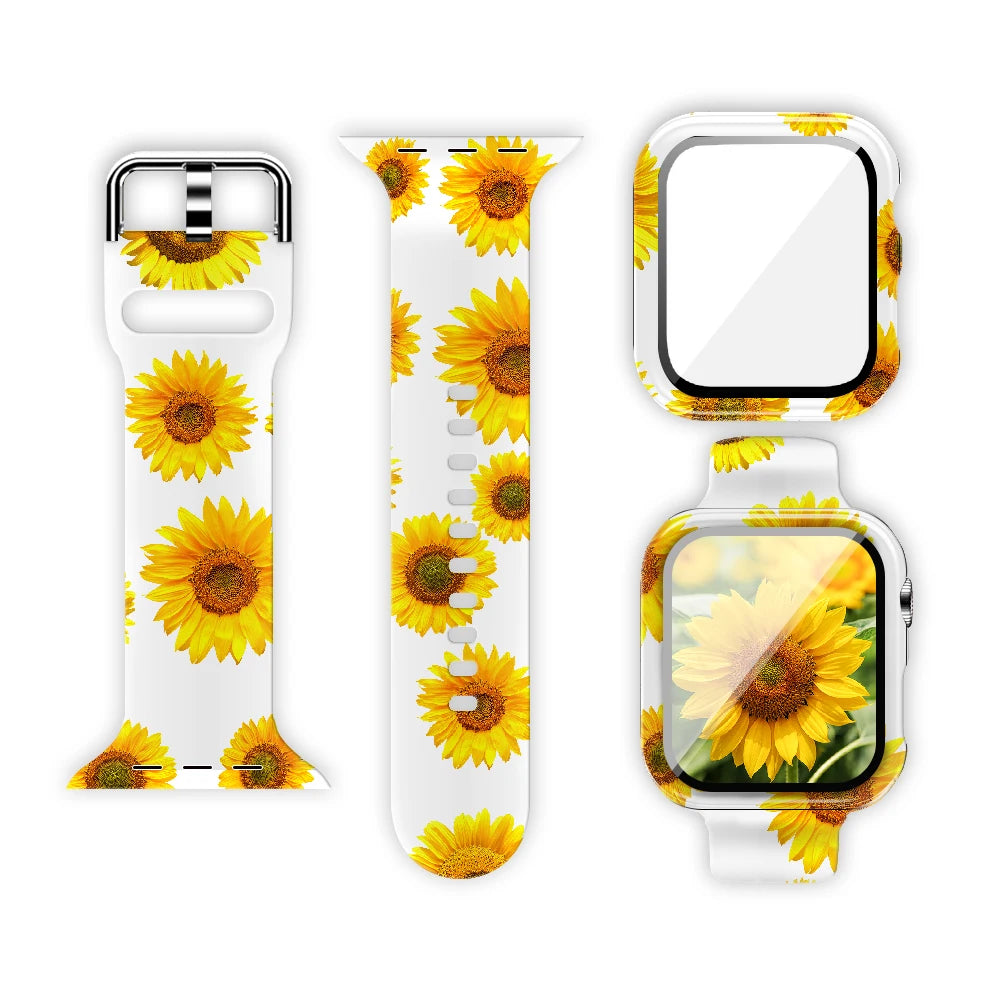 Printed Silicone Apple Watch Band - Floral & Animal Patterns in Sunflowers on White