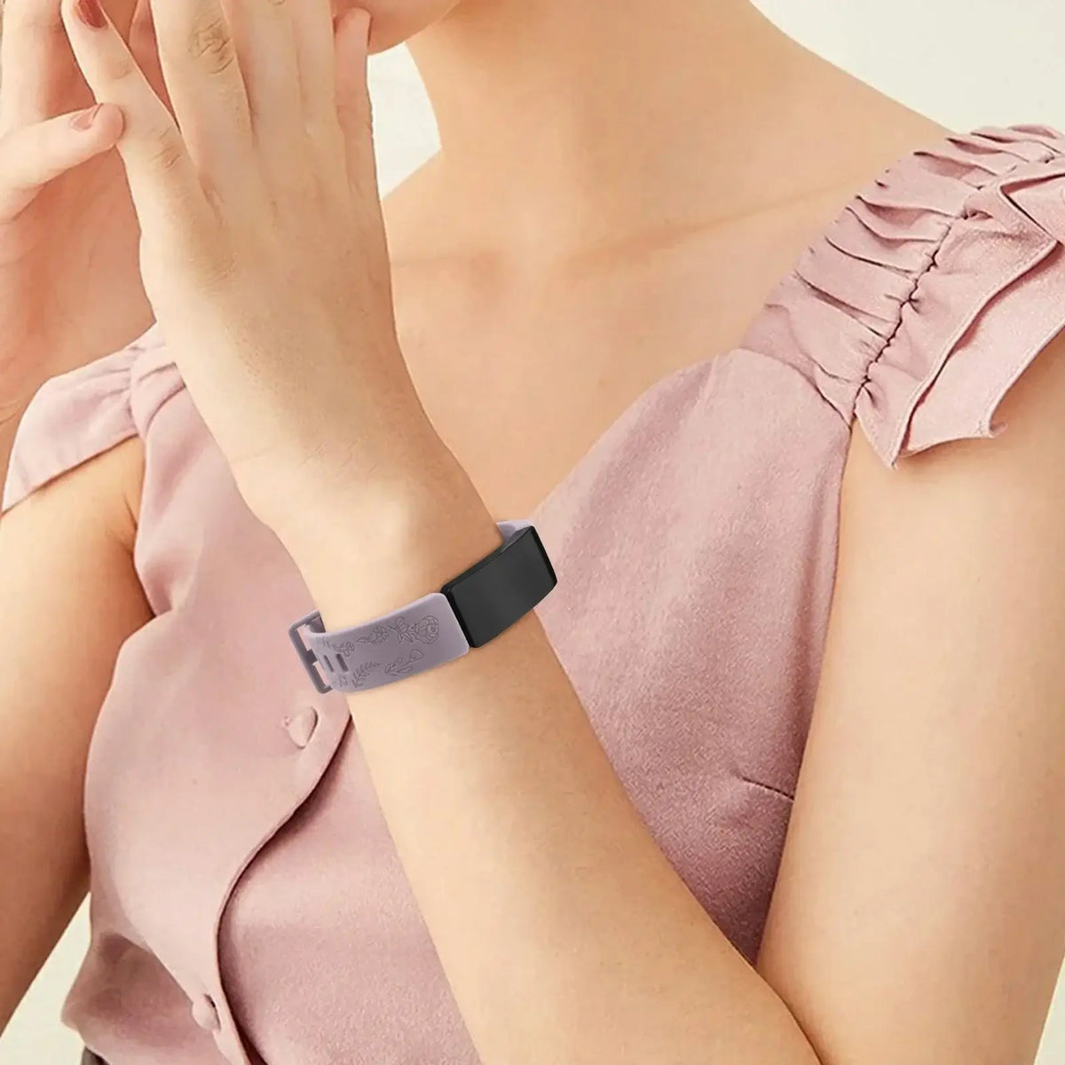 Fitbit Inspire 3 Floral-Engraved Silicone Band - Floral band worn on wrist