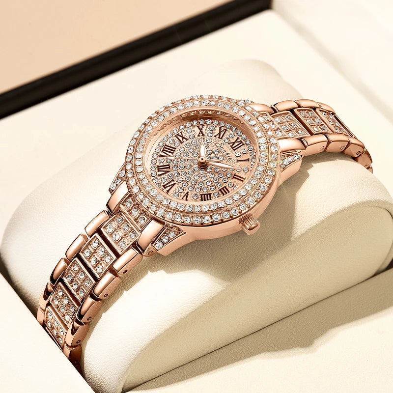 Women's Rose Gold-Tone Crystal Bracelet Watch — Crystal bezel and Roman dial — BandsCo Straps