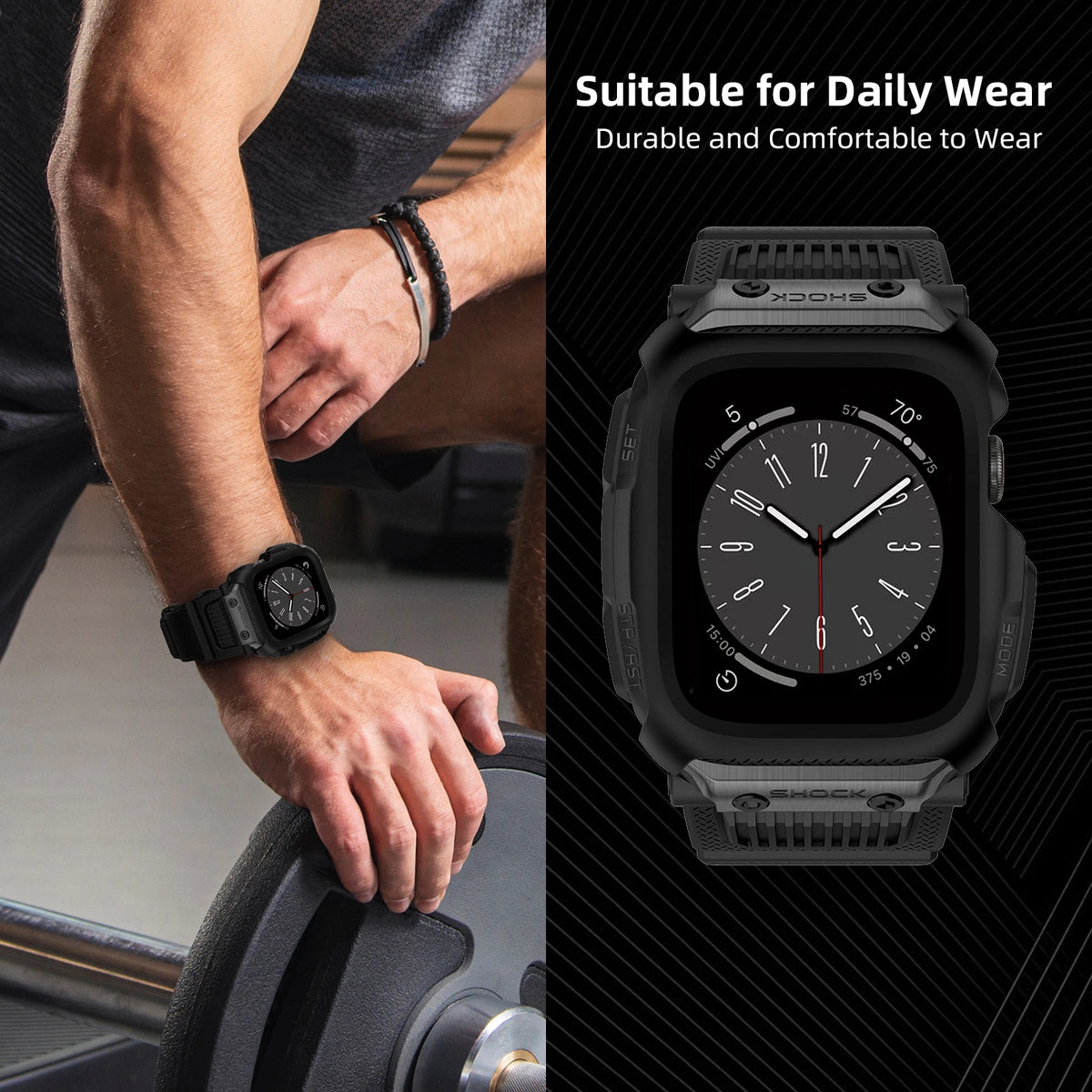 Black rubber band and case worn on a wrist for Apple Watch