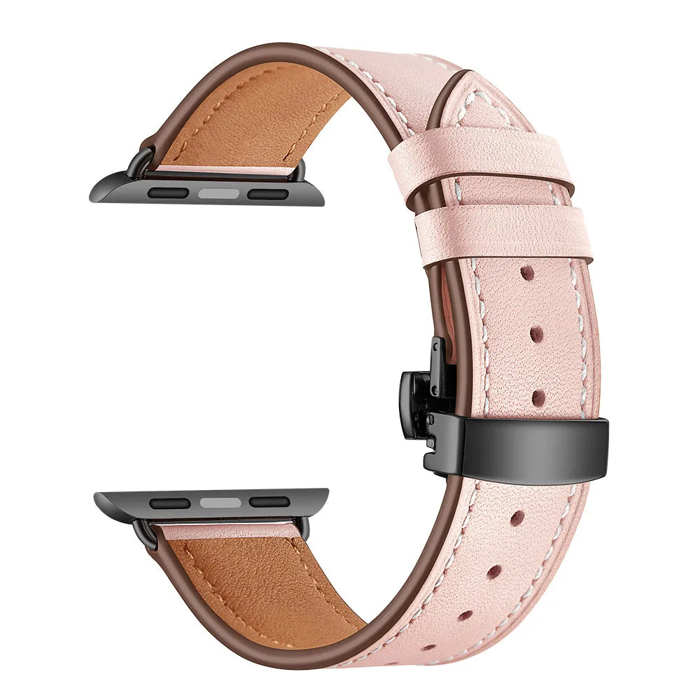 Contrast-Stitched Leather Apple Watch Band with Folding Clasp in Black / Soft Pink