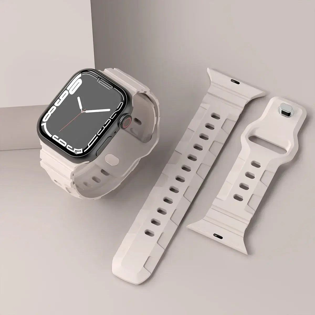 Soft Pink ribbed silicone Apple Watch band with pin fastening.