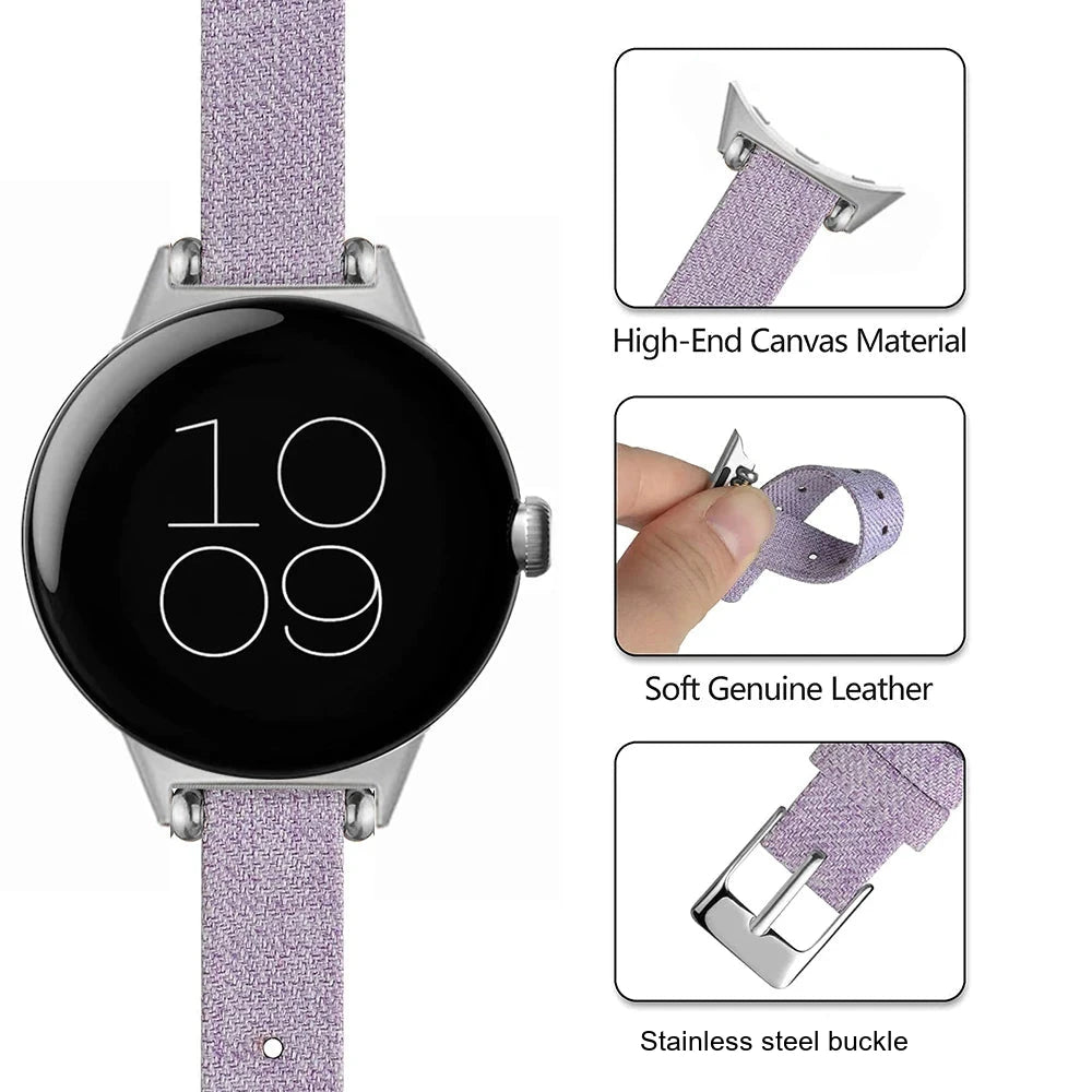 Google Pixel Watch 5, 4 and 3 Slim Canvas Band, Leather Lining — product detail