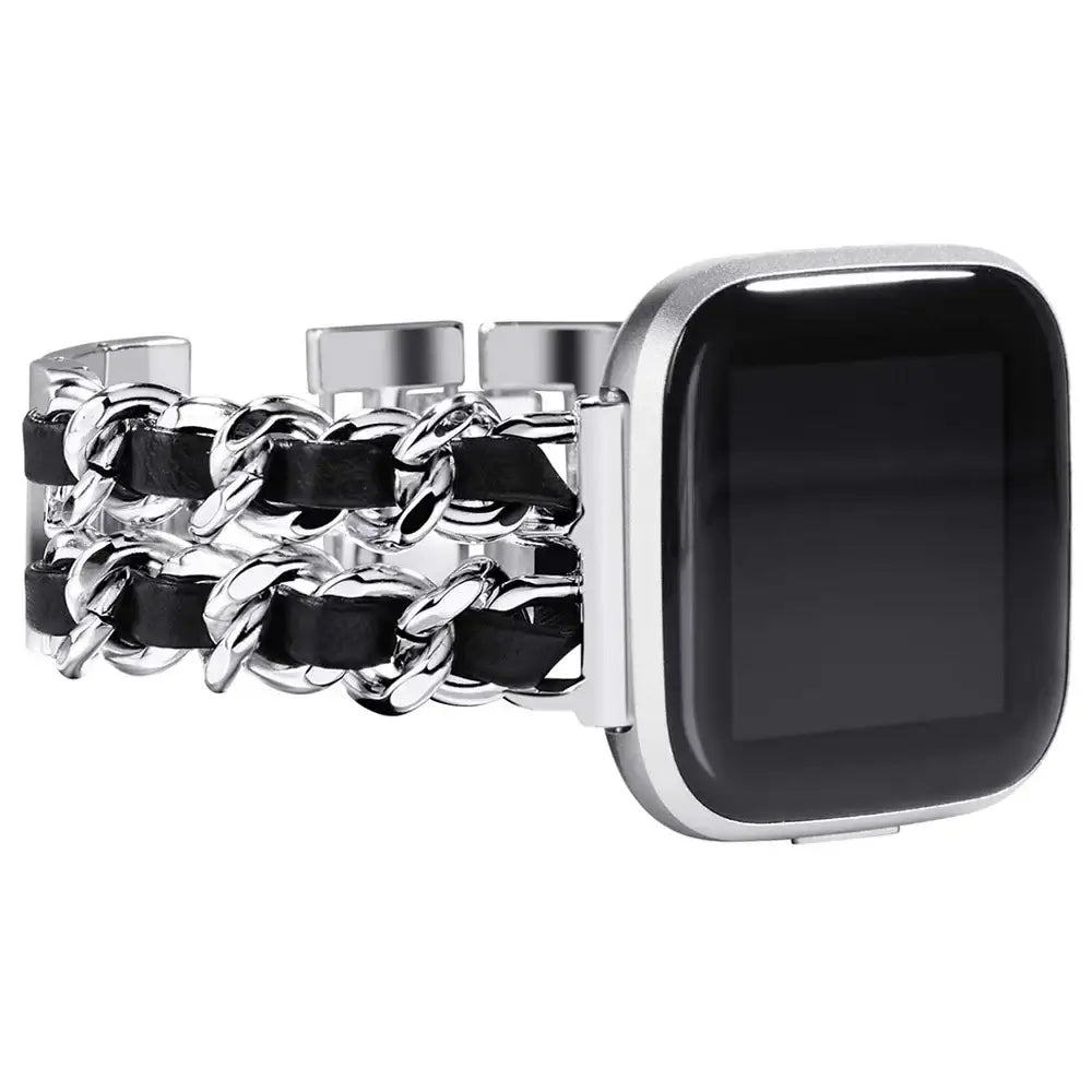 Fitbit Versa & Sense Leather-Woven Chain Band - Silver / Black Leather