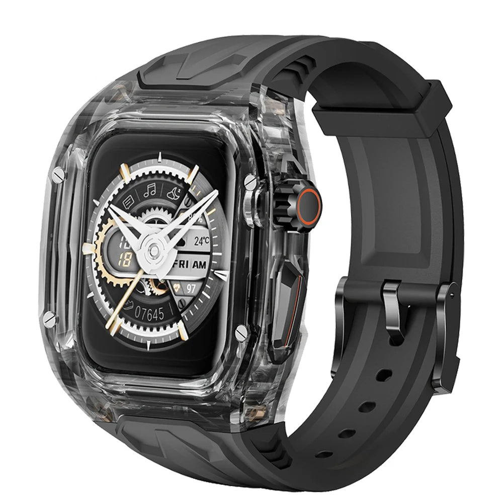Black rubber band with smoke-tinted transparent case for Apple Watch
