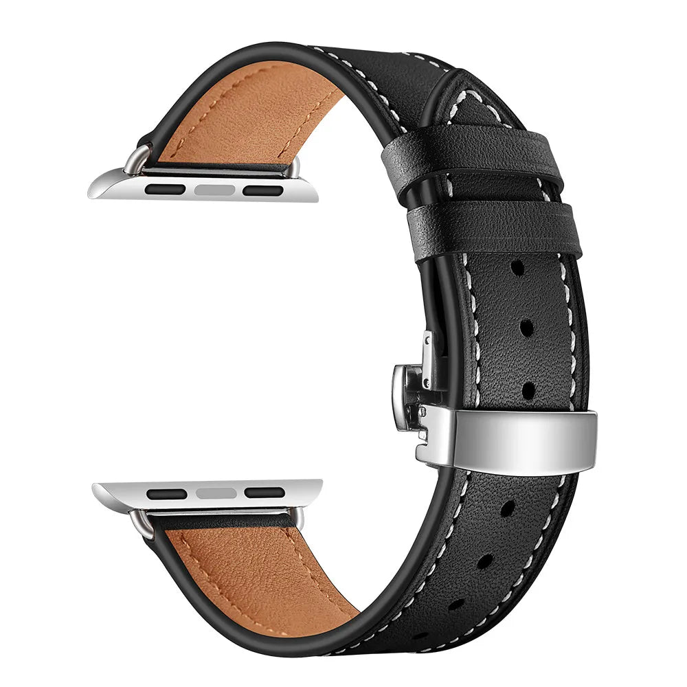 Contrast-Stitched Leather Apple Watch Band with Folding Clasp in Silver / Black