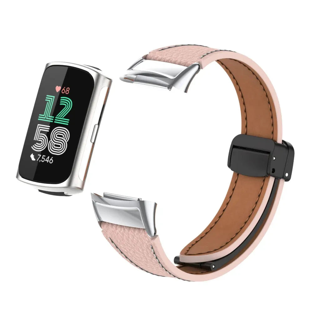 Pink Fitbit Charge 5 and 6 Leather Band with Magnetic Folding Clasp