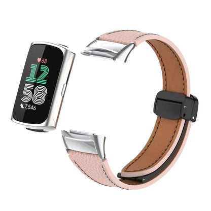 Pink Fitbit Charge 5 and 6 Leather Band with Magnetic Folding Clasp