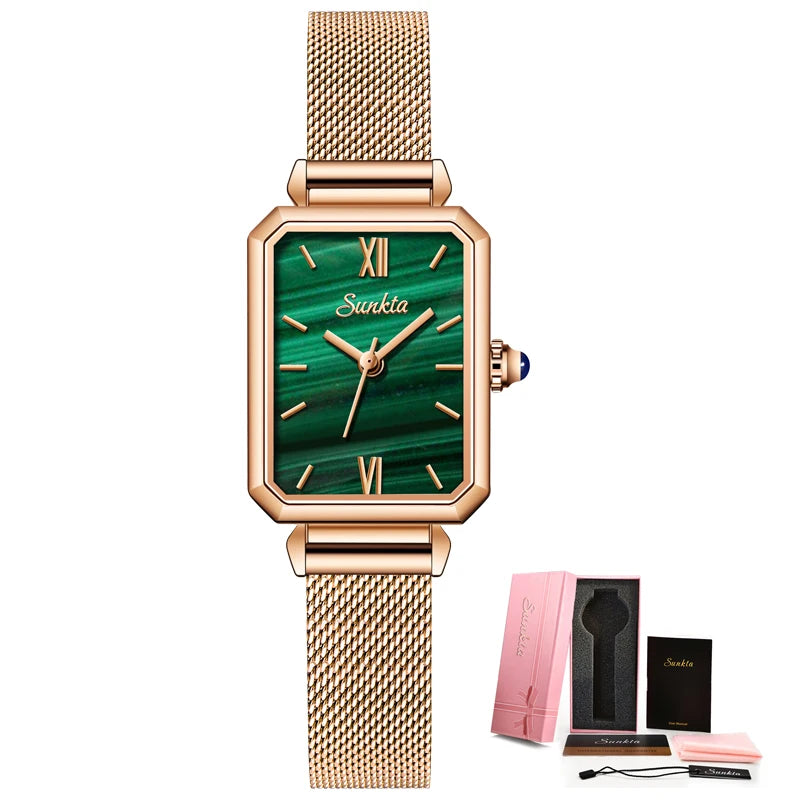 Women's Rectangular Quartz Watch with Mesh Band — Rose Gold Tone / Patterned Green Dial