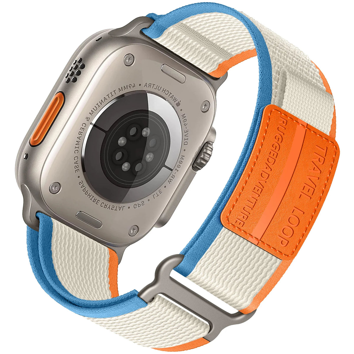 Nylon Trail-Style Apple Watch Loop with Decorative Patch in Cream / Blue / Orange - Embossed