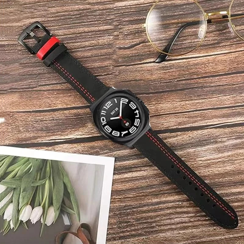 Samsung Galaxy Leather Watch Band No Gap Replacement For Ultra/Ultra2 on a wooden table with glasses and flowers.
