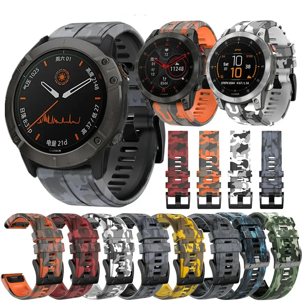 Garmin QuickFit Silicone Band - Camo and Two-Tone camouflage straps shown on watches with color and pattern previews