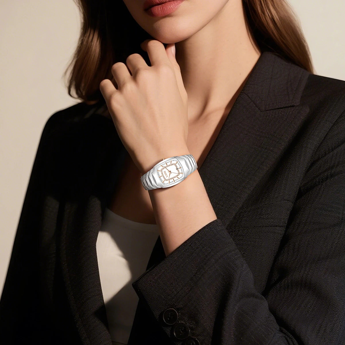 Women's Ceramic Tonneau Crystal Dial Watch — White ceramic watch worn on wrist